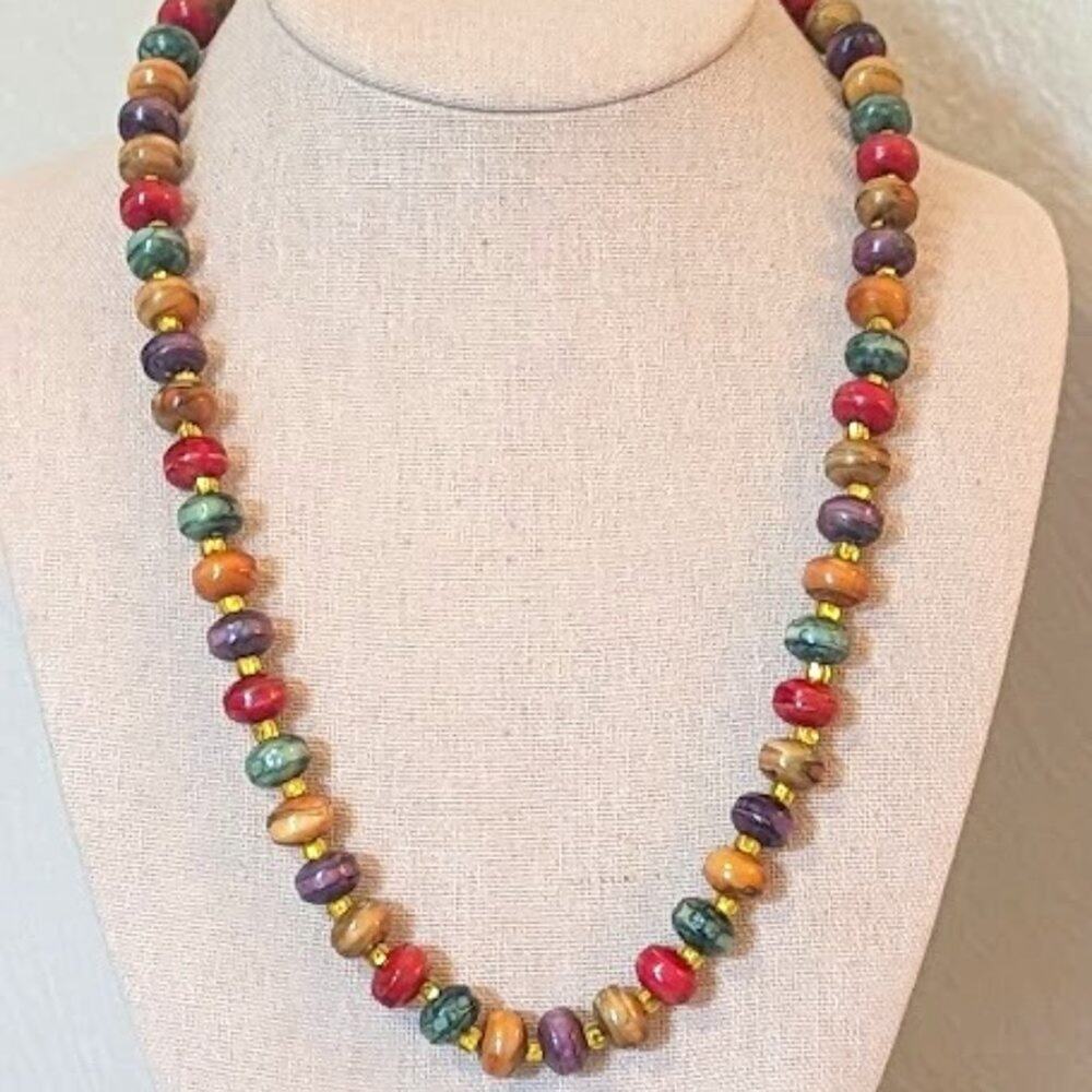 Vintage Painted Bead Necklace with Barrel Clasp